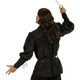 A person wearing a black shirt with a design resembling a swordsman's outfit, including a belt and buckle, preparing to swing a small toy sword.