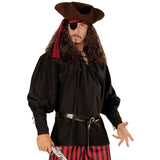 Person in pirate costume with black shirt, hat, and wig.