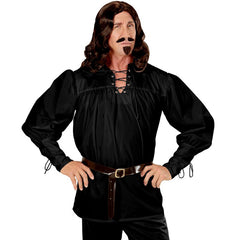 Swordsman Medieval Shirt in black with lace-up front and sleeves, full sleeve renaissance pirate top