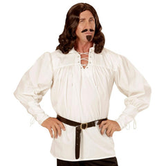 Swordsman medieval shirt in white with lace-up neckline and cuffs, renaissance colonial pirate style