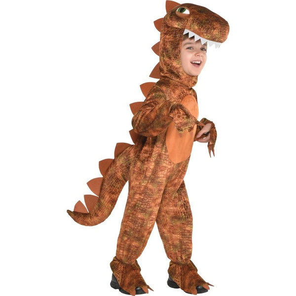 T-Rex dinosaur child jumpsuit in mottled brown scale print, attached head and tail.