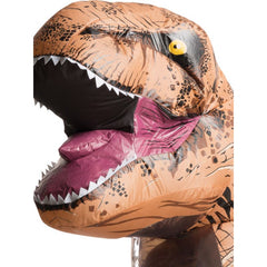 Adult inflatable T-Rex costume with claws, tail, and see-through neck panel
