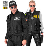Black tactical vest with SWAT, FBI, and police patches for costume parties