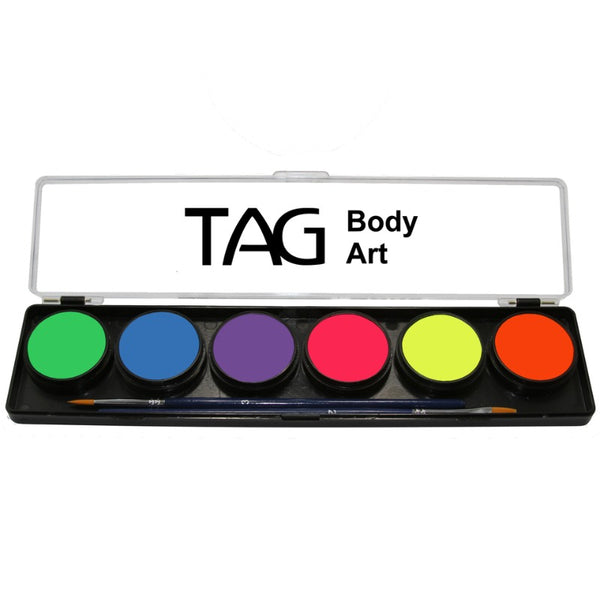 TAG Palette 6 X 10g Face & Body Paint, neon colours plus 2 brushes.