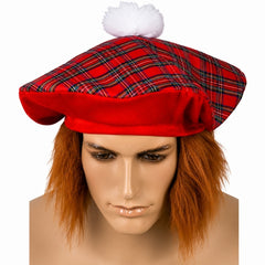 Tam O'Shanter hat with attached ginger hair in traditional red tartan design