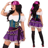 Woman wearing a detailed costume with a purple skirt and headband, standing against a white background.