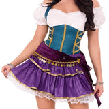 Costume with teal top and purple skirt on a white background