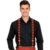 Adjustable red tartan suspenders with elastic straps