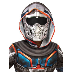 Taskmaster Deluxe Child Costume – hooded jumpsuit with fibre-filled muscle padding, digitally printed armour, moulded chest piece, gauntlets, boot tops, and a plastic face mask with mesh eye covering.