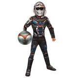 Child wearing an officially licensed Taskmaster Deluxe costume with padded armour and character mask