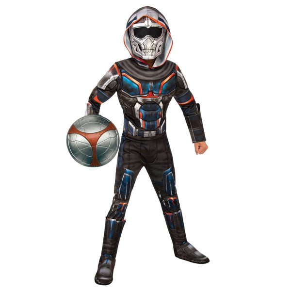 Child wearing an officially licensed Taskmaster Deluxe costume with padded armour and character mask