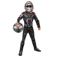 Child wearing an officially licensed Taskmaster Deluxe costume with padded armour and character mask