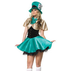 Tea Party Hostess Costume - Hire, green, gold and black dress, cape, oversized hat and petticoat.