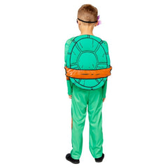 Child wearing an officially licensed Teenage Mutant Ninja Turtles costume with removable shell and interchangeable masks