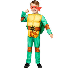 Child wearing an officially licensed Teenage Mutant Ninja Turtles costume with removable shell and interchangeable masks