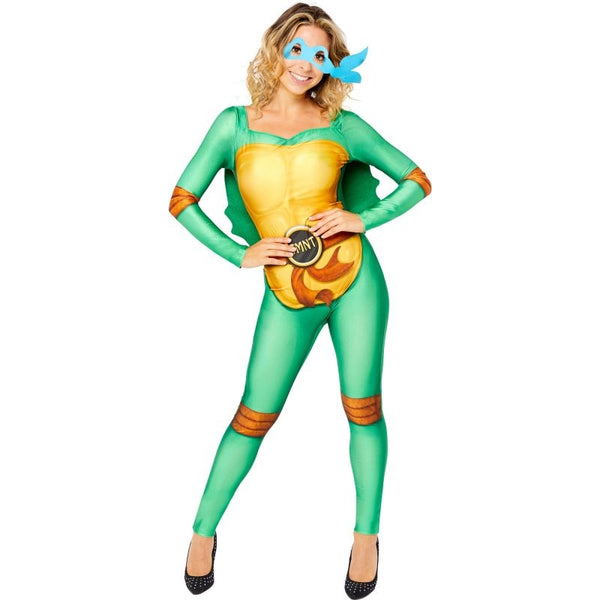 Teenage Mutant Ninja Turtles Womens Costume, printed jumpsuit, back and 4 masks.