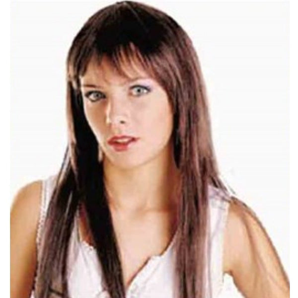 Temptress Long Brown Wig – straight brown wig with fringe for Kath and Kim costume look