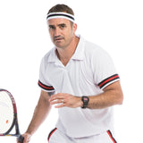 Close-up of adult tennis player costume showing retro sports shirt and headband