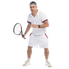 Adult tennis player costume with retro sports shirt, shorts and headband
