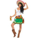 Person wearing a colorful Mexican-themed costume with a sombrero, skirt, and boots on a white background.