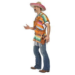Tequila Shooter Guy Costume, striped poncho with tassels, bandalier and belt with holsters.