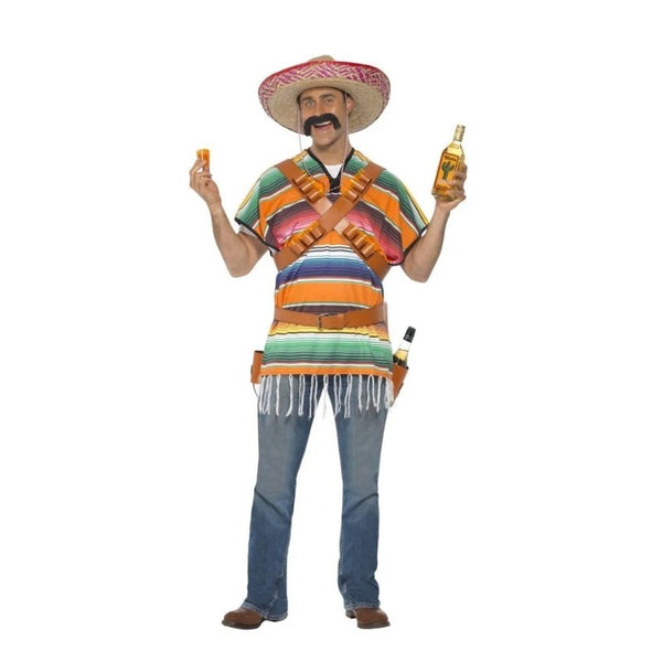 Tequila Shooter Guy Costume, striped poncho with tassels, bandalier and belt with holsters.