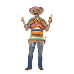 Tequila Shooter Guy Costume, striped poncho with tassels, bandalier and belt with holsters.