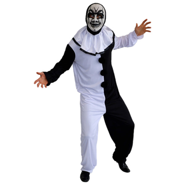 Terrifying Clown adult Halloween costume with jumpsuit and collar front view