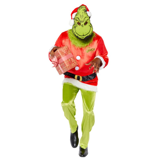 the grinch adult costume, top, pants, mask and hat.