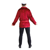 The back smoking jacket in red velveteen with satin trim and sash