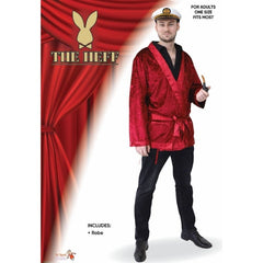 The Heff - Smoking Jacket, red velveteen shave coat with satin trim an sash, one size adults.