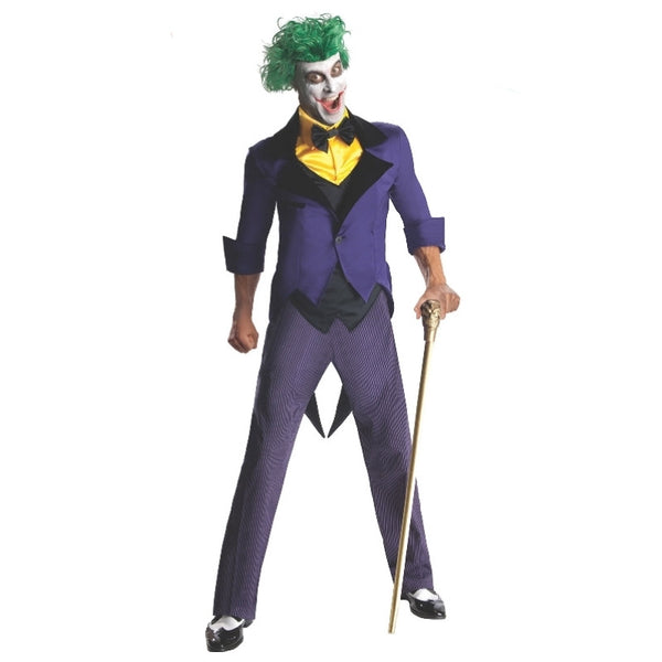 the joker adult costume, purple tail coat, stripped purple pants, 3/4 sleeves.