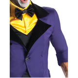 the joker adult costume, yellow shirt front, black bow tie.