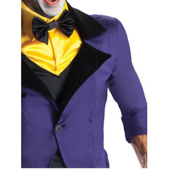 the joker adult costume, purple tail coat, stripped purple pants, 3/4 sleeves.