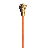 The joker cane, wood look cane with gold evil face top.
