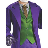 Th joker deluxe child costume includes long jacket, pinstripe pants, green attached vest.