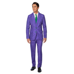 Purple pinstripe Joker suit by Suitmeister with jacket, pants, and green tie