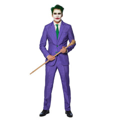 Purple pinstripe Joker suit by Suitmeister with jacket, pants, and green tie