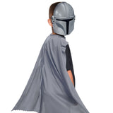 The Mandalorian Cape and Mask Set – close-up of silver moulded plastic face mask with mesh eye panels and grey scalloped-edge cape, perfect for young Star Wars fans.