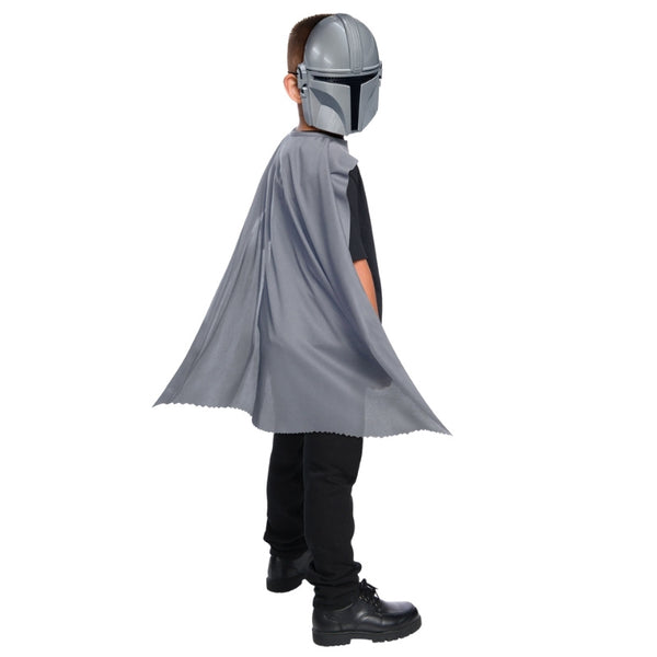 The Mandalorian Cape and Mask Set – Child size costume set with grey scalloped-edge cape and silver moulded plastic half mask featuring mesh eye panels and elastic strap for a secure fit.