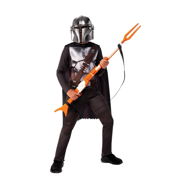 The Mandalorian Classic Child Costume – digitally printed jumpsuit with armour, bandolier, belt, and chest plate details, removable Velcro cape, and moulded half-face mask with vision holes and elastic strap.