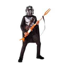 The Mandalorian Classic Child Costume – digitally printed jumpsuit with armour, bandolier, belt, and chest plate details, removable Velcro cape, and moulded half-face mask with vision holes and elastic strap.