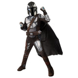 The Mandalorian Premium Child Costume – deluxe digitally printed jumpsuit with padded chest armour, attached gauntlets, boot covers, 3D moulded belt and bandolier, long distressed cape, EVA half-face mask with mesh eyes, and printed fingerless gloves.