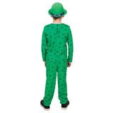 Back view of child riddler deluxe costume and hatreen question mark suit and hat