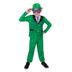 Child wearing an officially licensed The Riddler Deluxe costume with green jacket, bowler hat and eye mask
