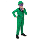 Child wearing an officially licensed The Riddler Deluxe costume with green jacket, bowler hat and eye mask