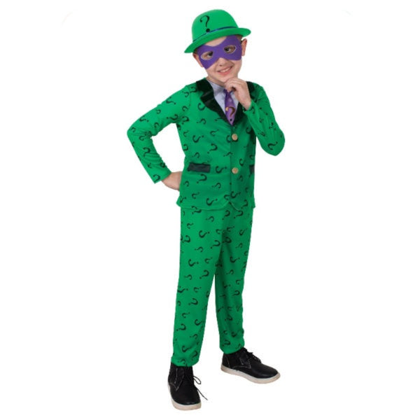 Child wearing an officially licensed The Riddler Deluxe costume with green jacket, bowler hat and eye mask