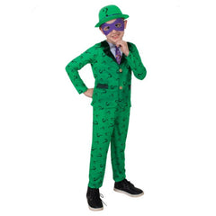 Child wearing an officially licensed The Riddler Deluxe costume with green jacket, bowler hat and eye mask