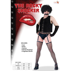 The Rocky Shocker Costume-Adult includes, lace trimmed briefs, vest that laces at the front, farters and fishnet stockings.