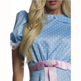 The Shining Twins Dress - Adult, blue spot dress with self frill, puffy sleeves, peter pan collar and features pink ribbon belt with flowers on belt.